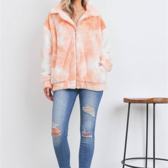 PEACH Tie Dye Zip Down Teddy Coat - Picture 5 of 7
